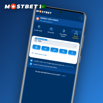 Mostbet one-click registration tile showing instant sign-up button with stopwatch