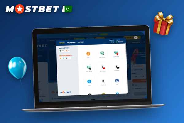 Visa card USDT token and laptop displaying Mostbet payment methods on cashier page