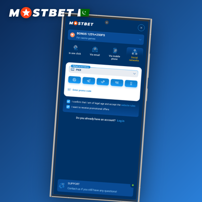 Mostbet sign up by phone tile with SMS verification code on smartphone screen